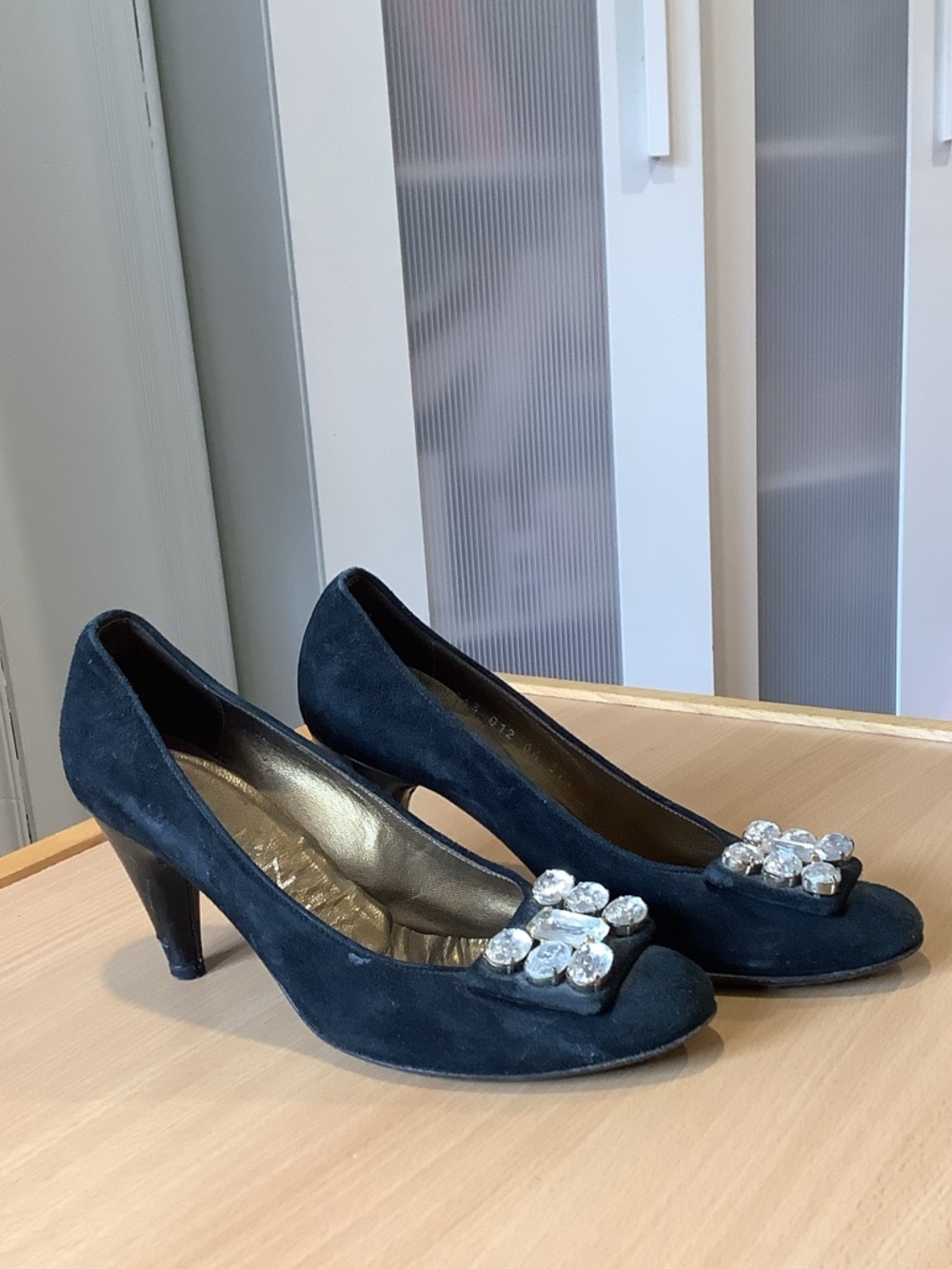 Black Suede Mid-Heel Pumps with Crystal Accent